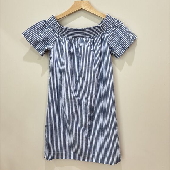 J Crew Striped Off Shoulder Mini Dress Sz 0 NWT Cotton Linen Blue White Boho - Picture 2 of 9